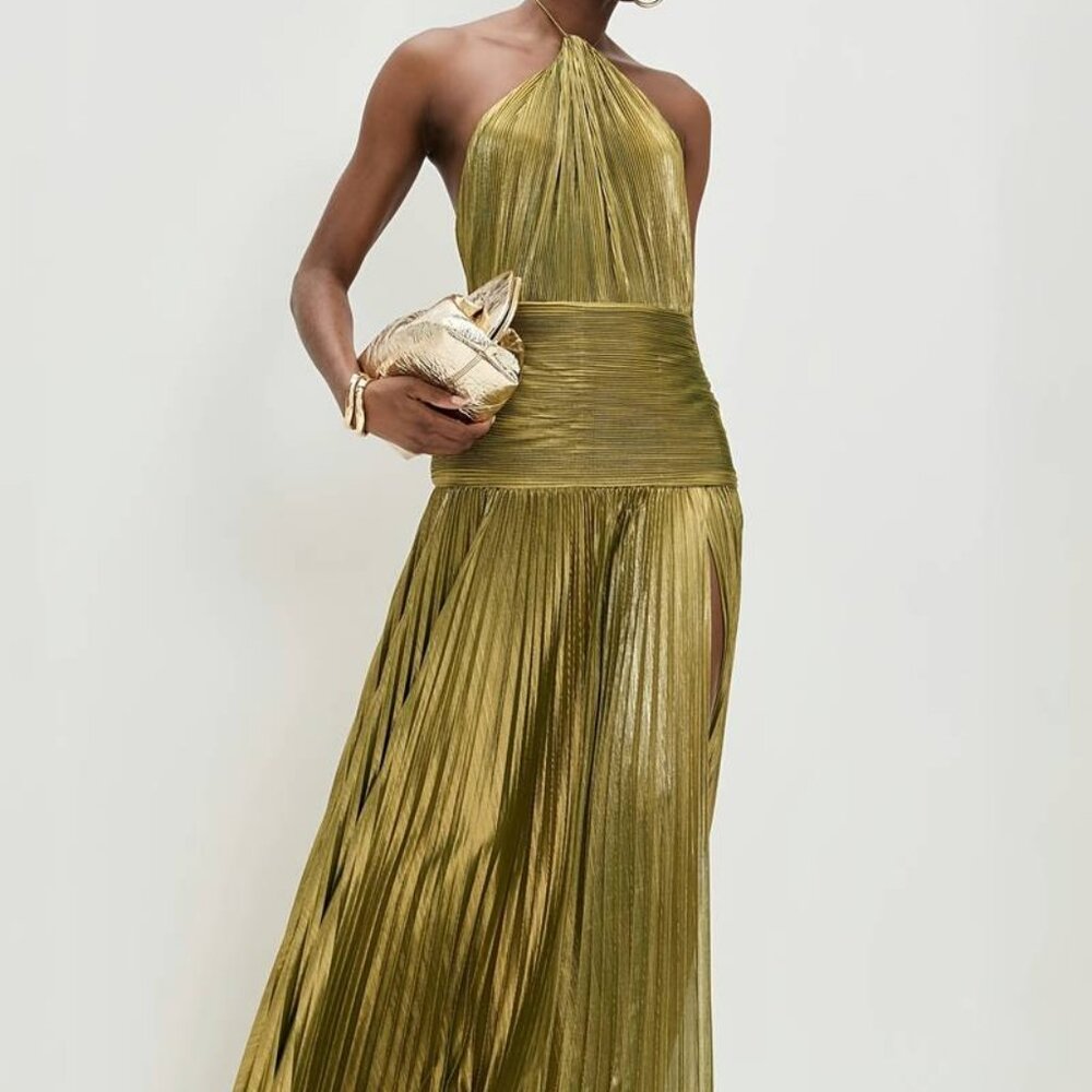 Pleated Maxi Gown | Glitter Green Halter Neck | Slit Maxi Dress